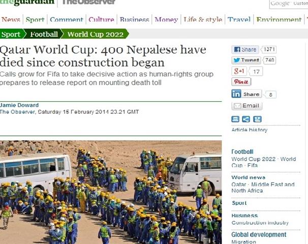أكثر من 400 عامل نيبالي توفى في مواقع بناء ملاعب قطرية