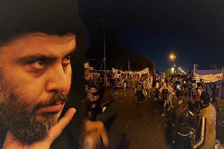 علي مؤمل الصدر المكنى بـ”صالح محمد العراقي” يعلن عن سيطرة ميليشيات عمه مقتدى على ساحة  المتظاهرين في النجف